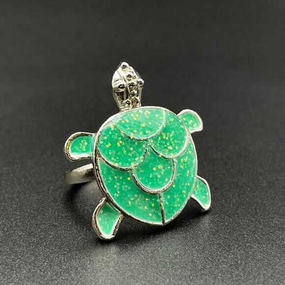 925 Sterling Silver with Glittery Green Enamel Sea Turtle Statement Ring Size 8 - Picture 6 of 9